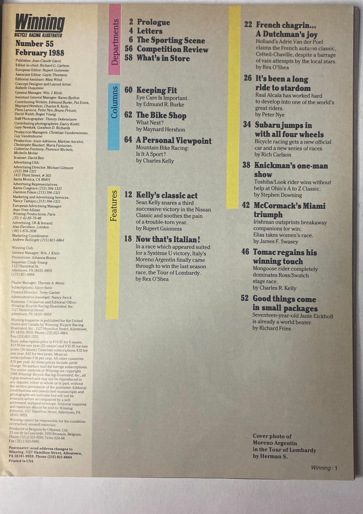 Back cover of Winning Bicycle Racing Illustrated February 1988 No. 55, displaying the magazine's table of contents, including features on prominent cyclists and racing events.