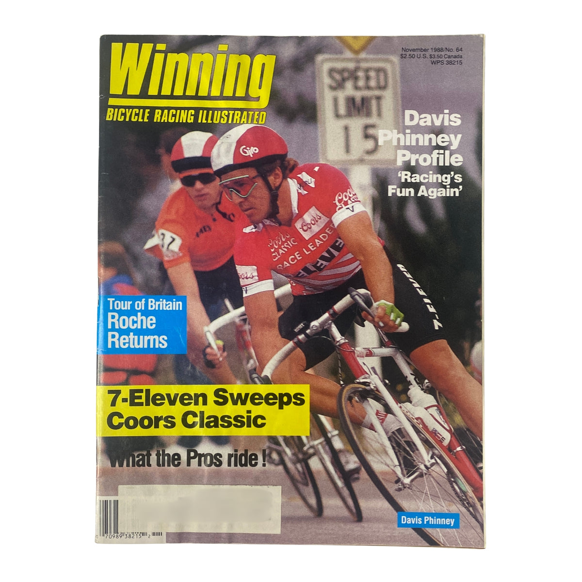 Winning Bicycle Racing Illustrated November 1988 No. 64 cover featuring Davis Phinney, highlighting cycling triumphs including Coors Classic and 7-Eleven team, in vibrant color.