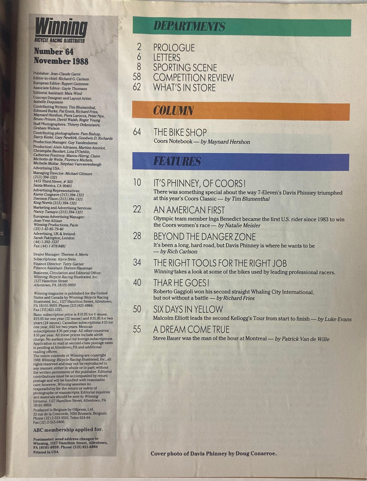 Table of contents from Winning Bicycle Racing Illustrated November 1988 No. 64, detailing features on cycling events, profiles, and columns for avid cycling enthusiasts.
