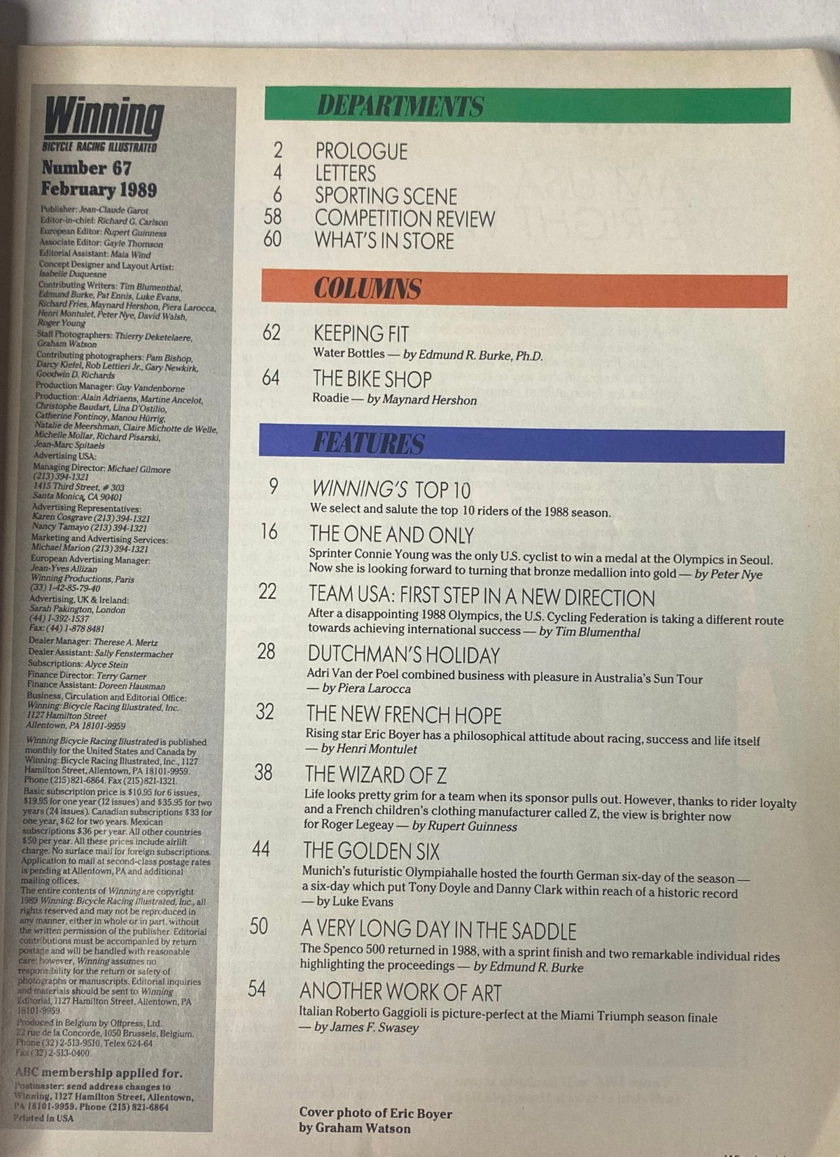 Image of the February 1989 issue of Winning Bicycle Racing Illustrated, No. 67, featuring Eric Boyer on the cover. The magazine includes articles on top cyclists, cycling events, and endurance racing.