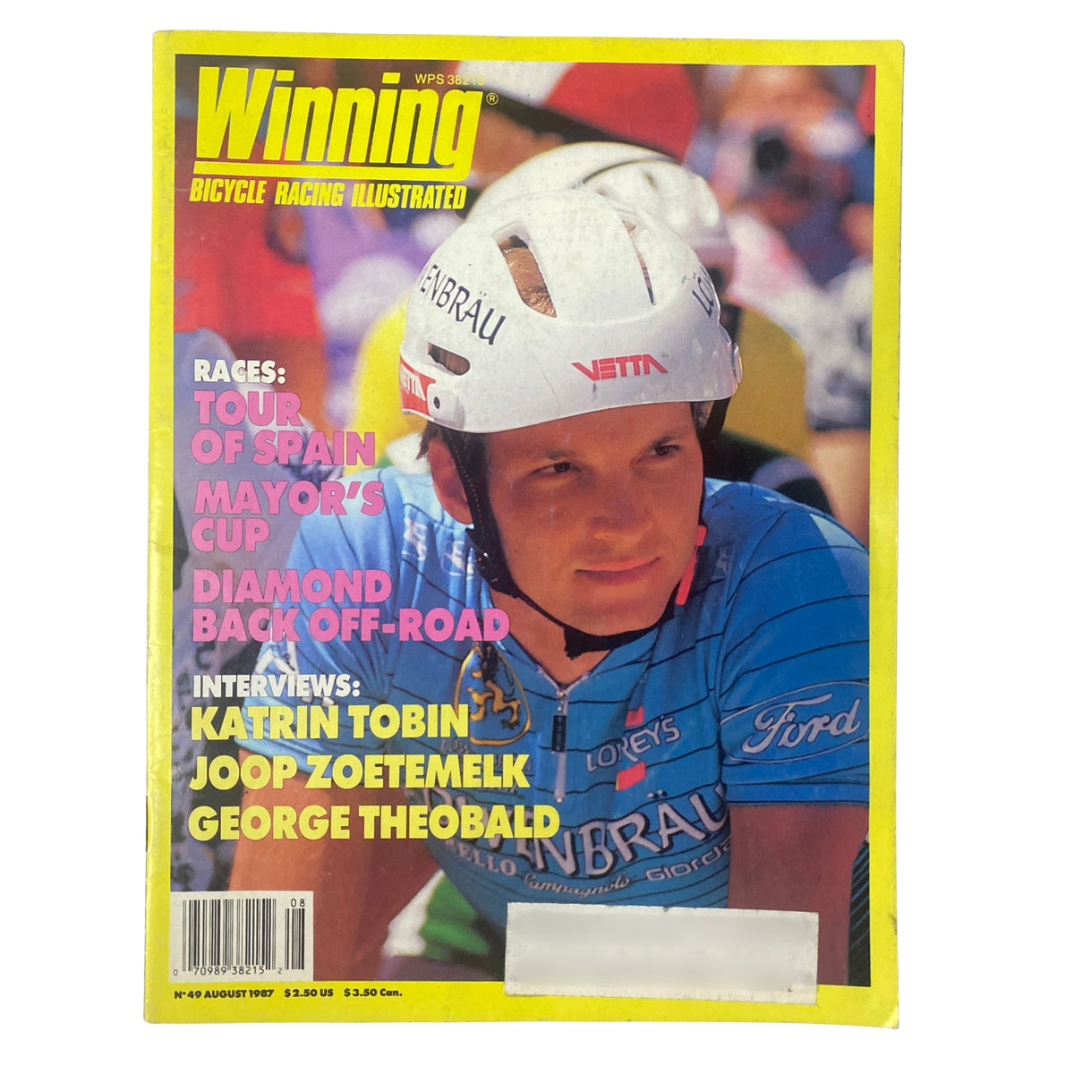 Cover of Winning Bicycle Racing Illustrated, August 1987, No. 49, featuring Randy Whicker, highlighting races like the Tour of Spain, Mayor's Cup, and Diamond Back Off-Road.