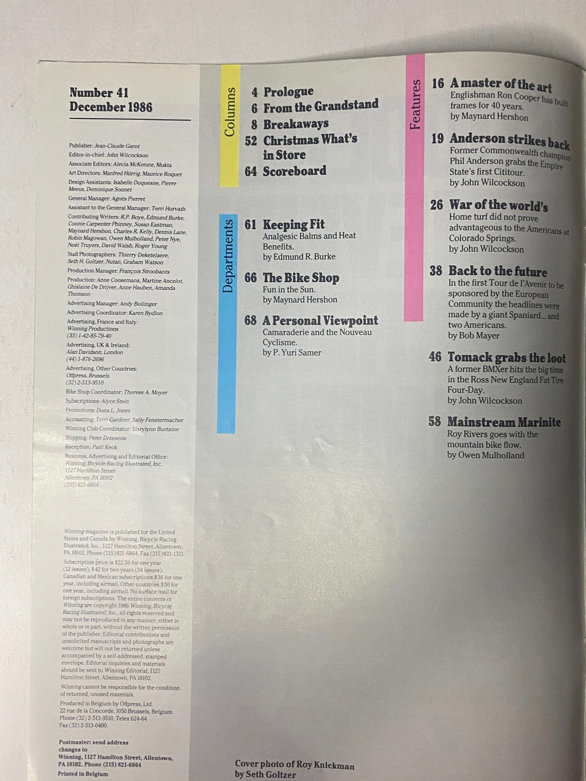Winning Bicycle Racing Illustrated December 1986 Issue No. 41 featuring a table of contents, including prologue, columns, and feature articles related to cycling, showcasing prominent figures like Phil Anderson and John Tomac.