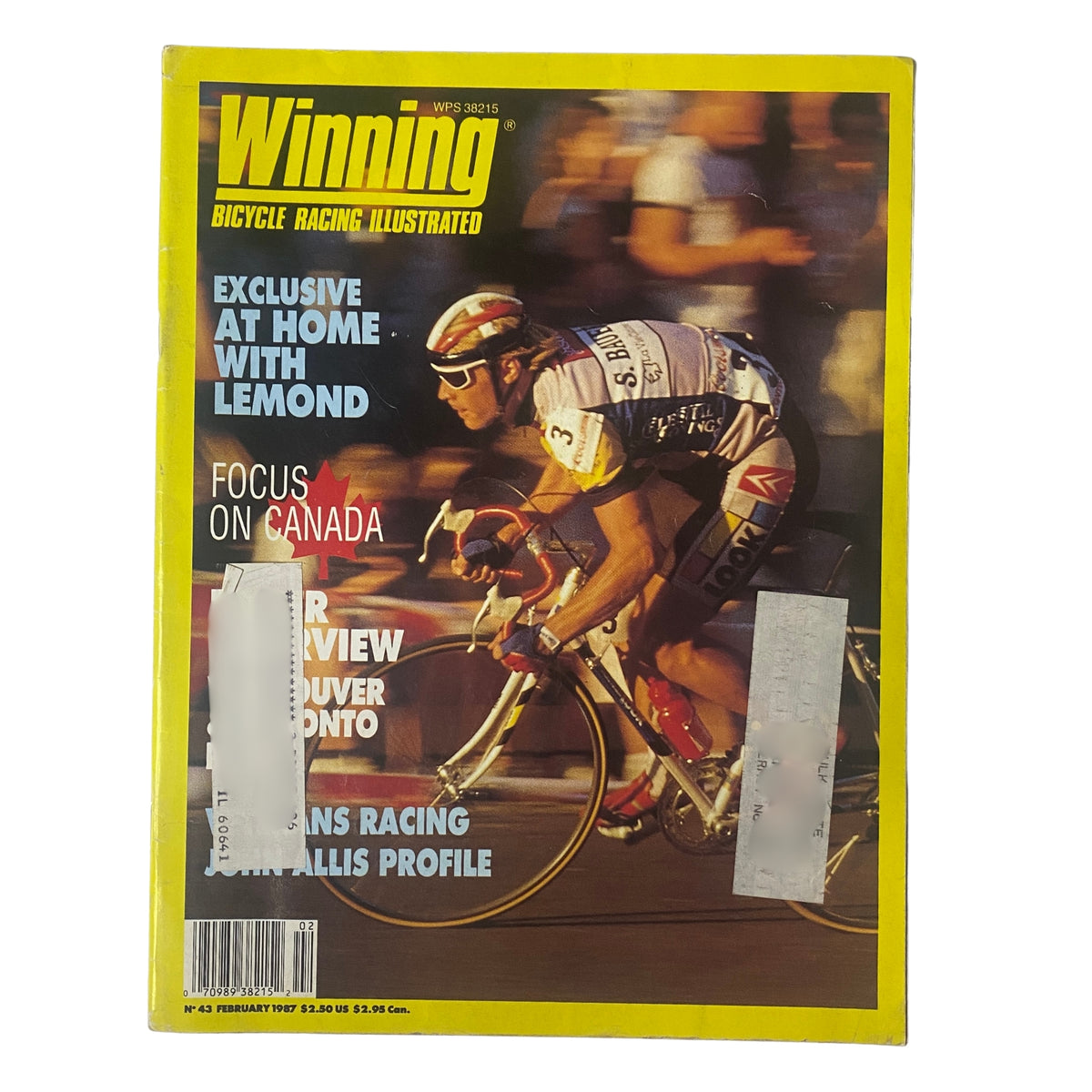 Cover of Winning Bicycle Racing Illustrated February 1987 No. 43 featuring an exclusive interview with Greg LeMond and highlights on Canadian cycling.