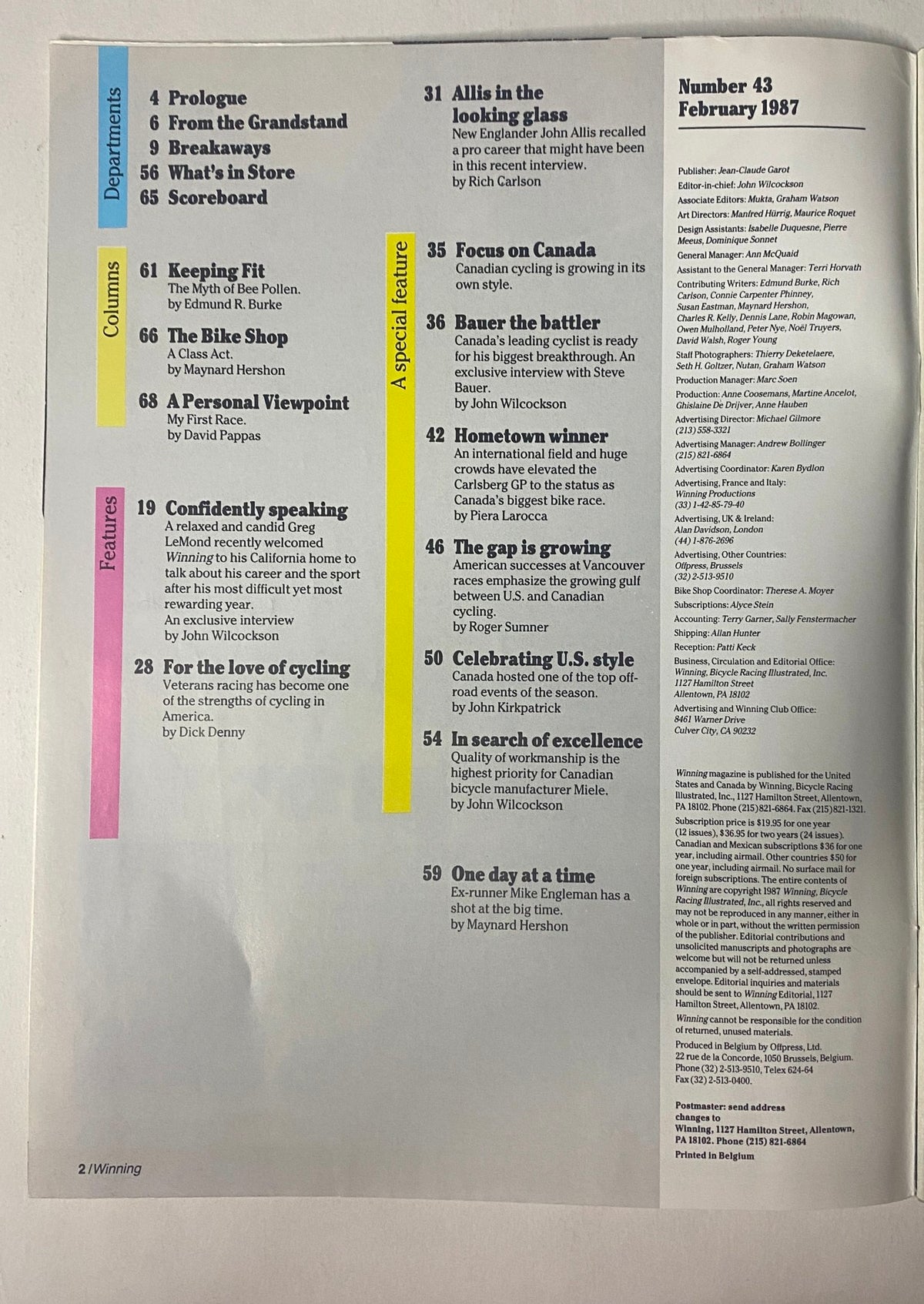 Contents page of Winning Bicycle Racing Illustrated February 1987 No. 43, showcasing articles on cycling topics including an interview with Greg LeMond and features on Canadian cycling.