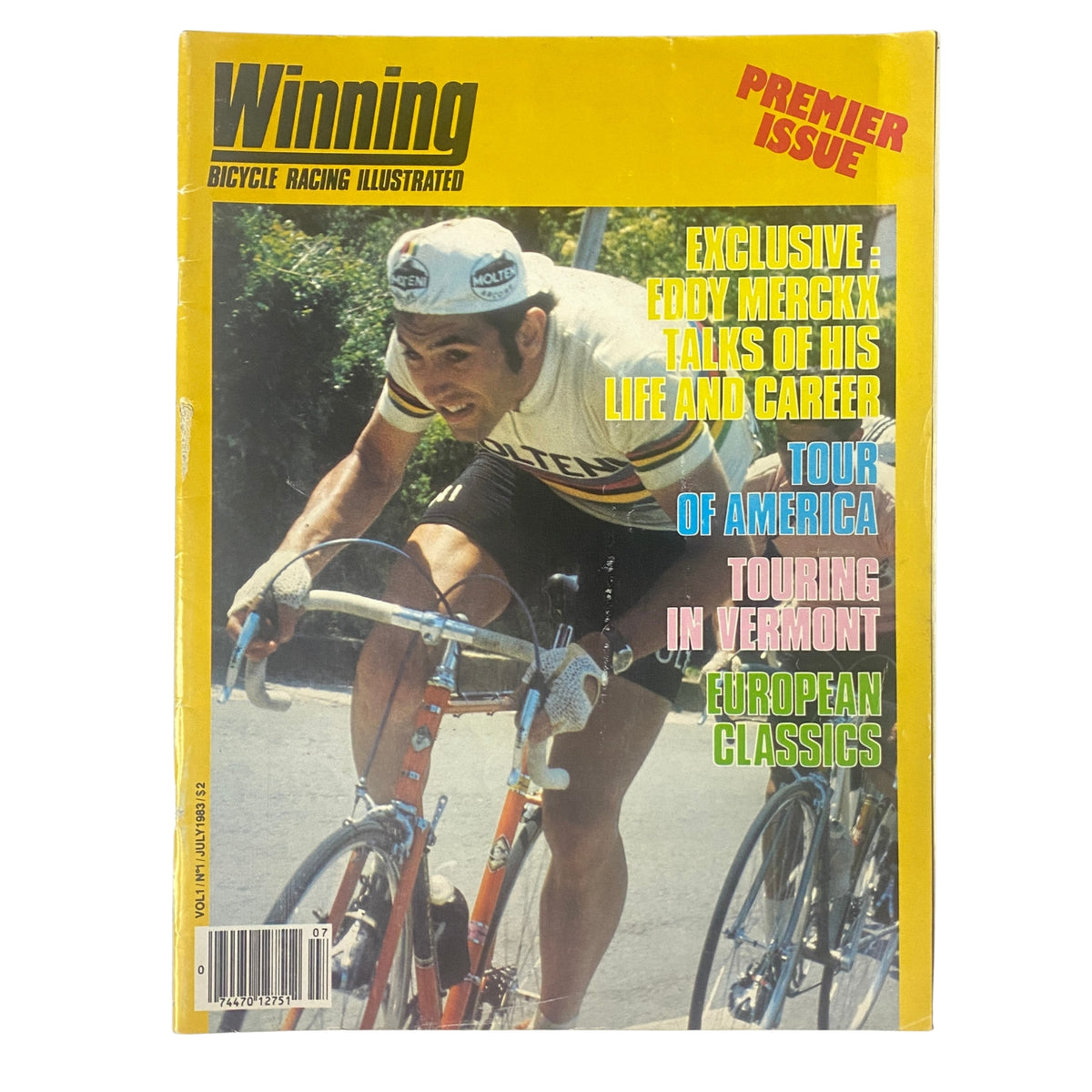 Cover of Winning Bicycle Racing Illustrated, July 1983, featuring Eddy Merckx, marked as the premier issue. The cover highlights articles including Eddy Merckx's life and career, along with topics like the Tour of America and European Classics.