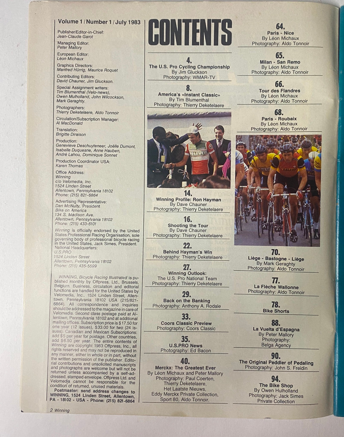 Contents page of Winning Bicycle Racing Illustrated, Volume 1, Number 1, July 1983. Lists articles and features including the U.S. Pro Cycling Championship, profiles, and photos related to prominent cycling events.