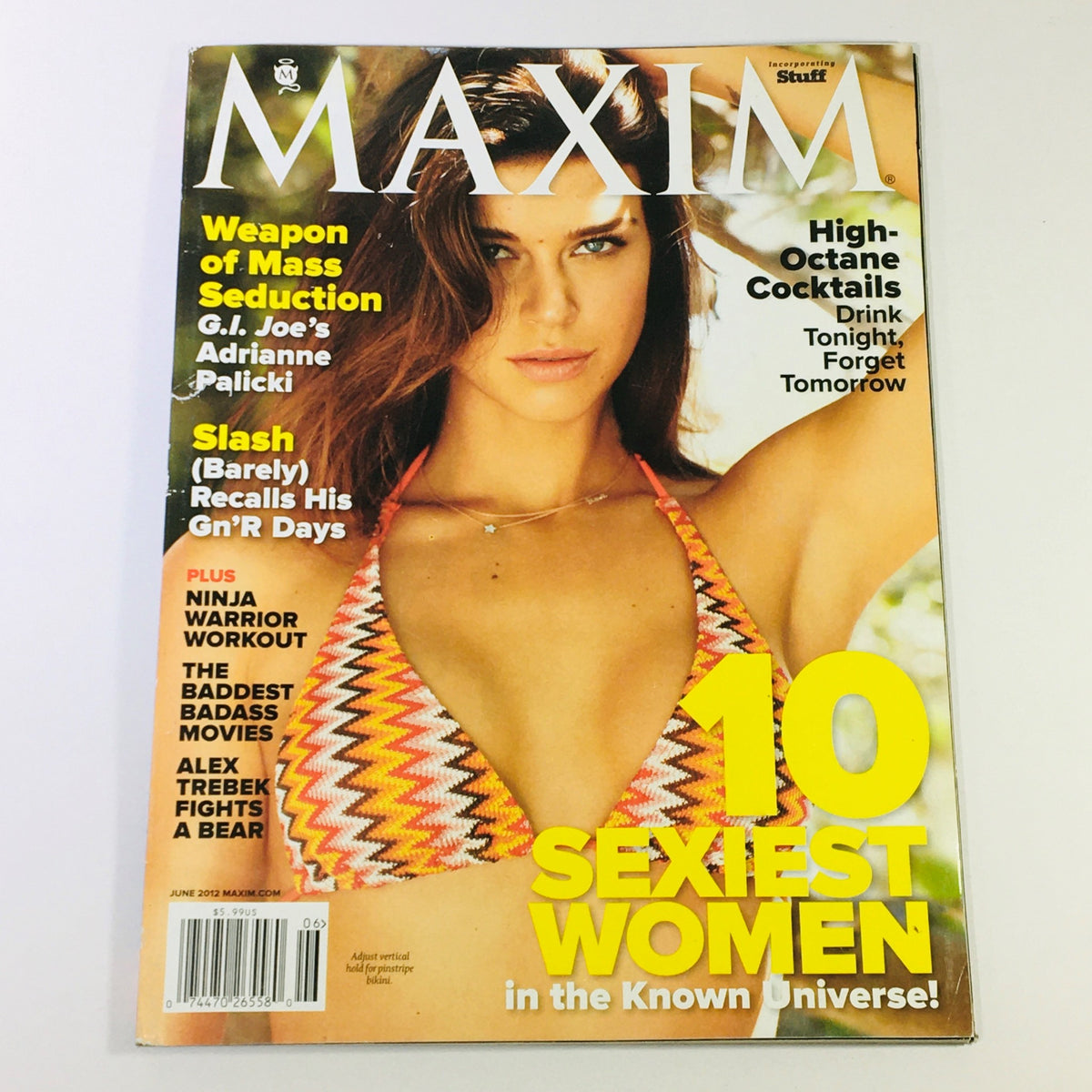Maxim Magazine June 2012 cover featuring G.I. Joe actress Adrianne Palicki in a colorful bikini, highlighting the theme '10 Sexiest Women in the Known Universe' alongside the headline about Alex Trebek fighting a bear.