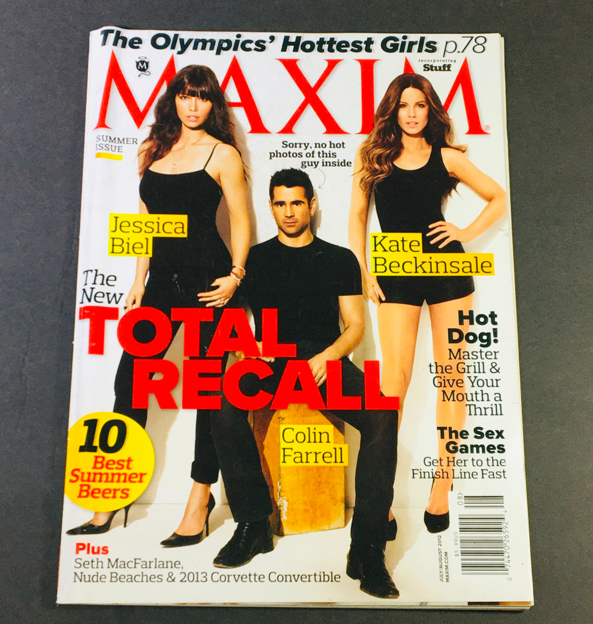 Cover of Maxim Magazine July August 2012 featuring Jessica Biel, Colin Farrell, and Kate Beckinsale, showcasing a summer theme with bold text and images.