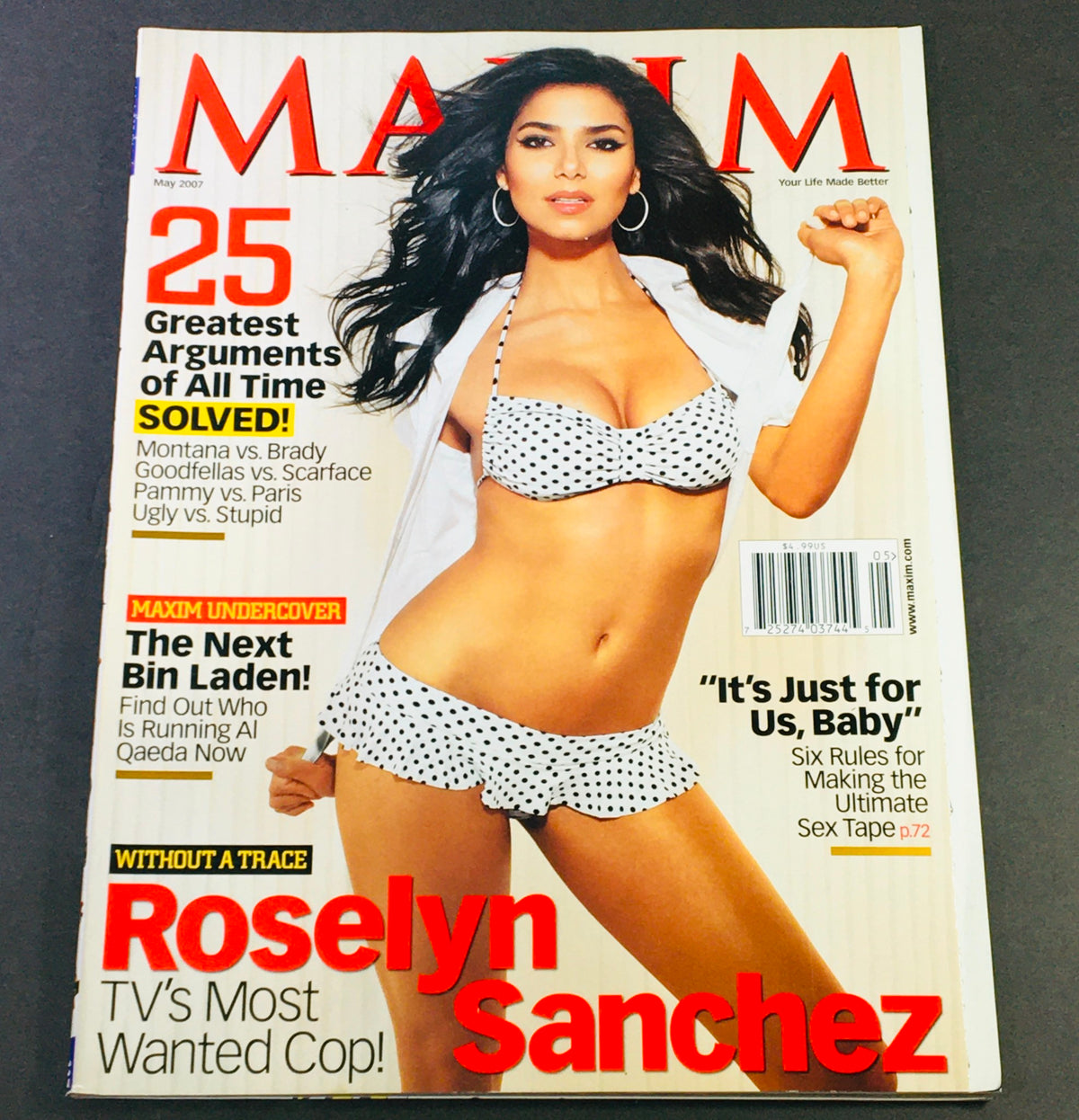 Maxim Magazine May 2007 featuring Roselyn Sanchez on the cover, showcasing her in a stylish bikini, highlighting the theme of TV's Most Wanted Cop.