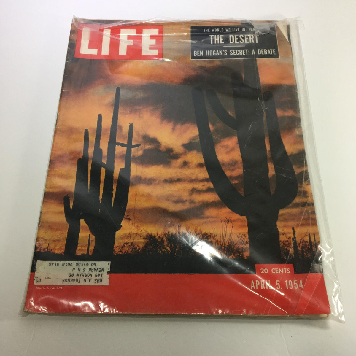 Life Magazine cover from April 5, 1954, featuring the article 'The Desert: Ben Hogan's Secret - A Debate'. The cover showcases a striking desert scene with cacti against a vibrant sunset, highlighting the themes of golf and sports culture of the 1950s.