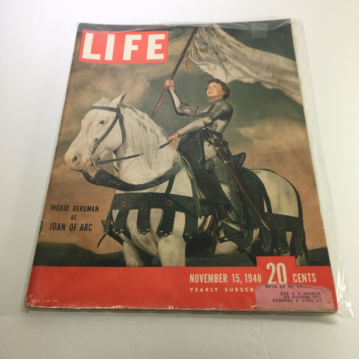 Cover of Life Magazine dated November 15, 1948, featuring Ingrid Bergman as Joan of Arc on horseback, showcasing a vintage representation of Hollywood and cultural history.