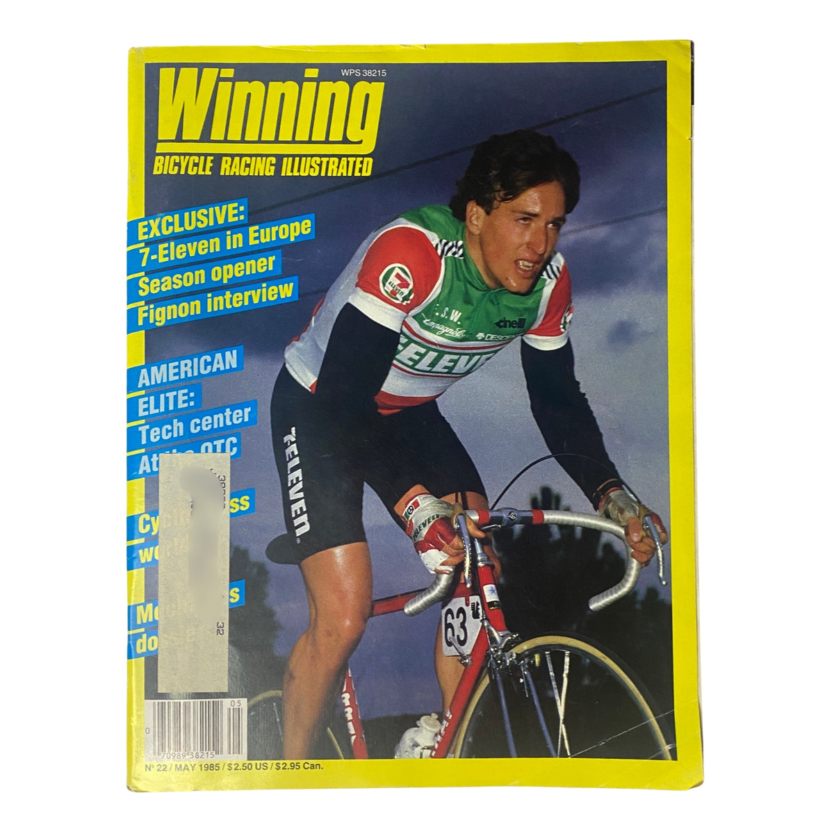 Cover of Winning Bicycle Racing Illustrated, May 1985, featuring Davis Phinney on the cover, emphasizing the 7-Eleven cycling team and their debut.