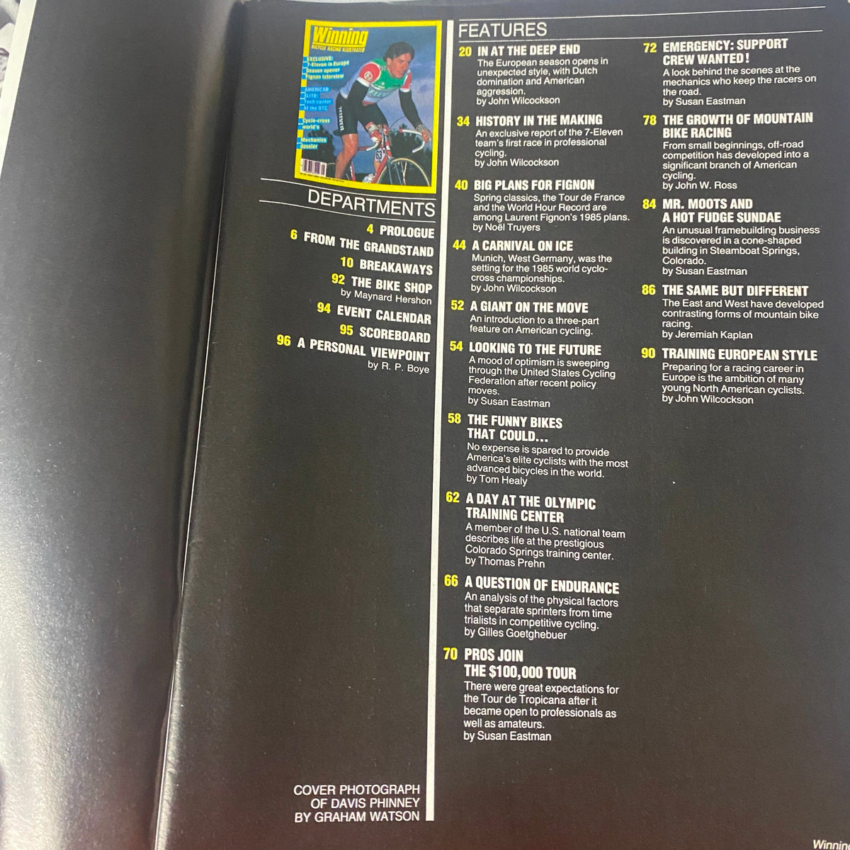 Table of contents from Winning Bicycle Racing Illustrated, May 1985, listing features including interviews and articles about notable cyclists and trends in biking.