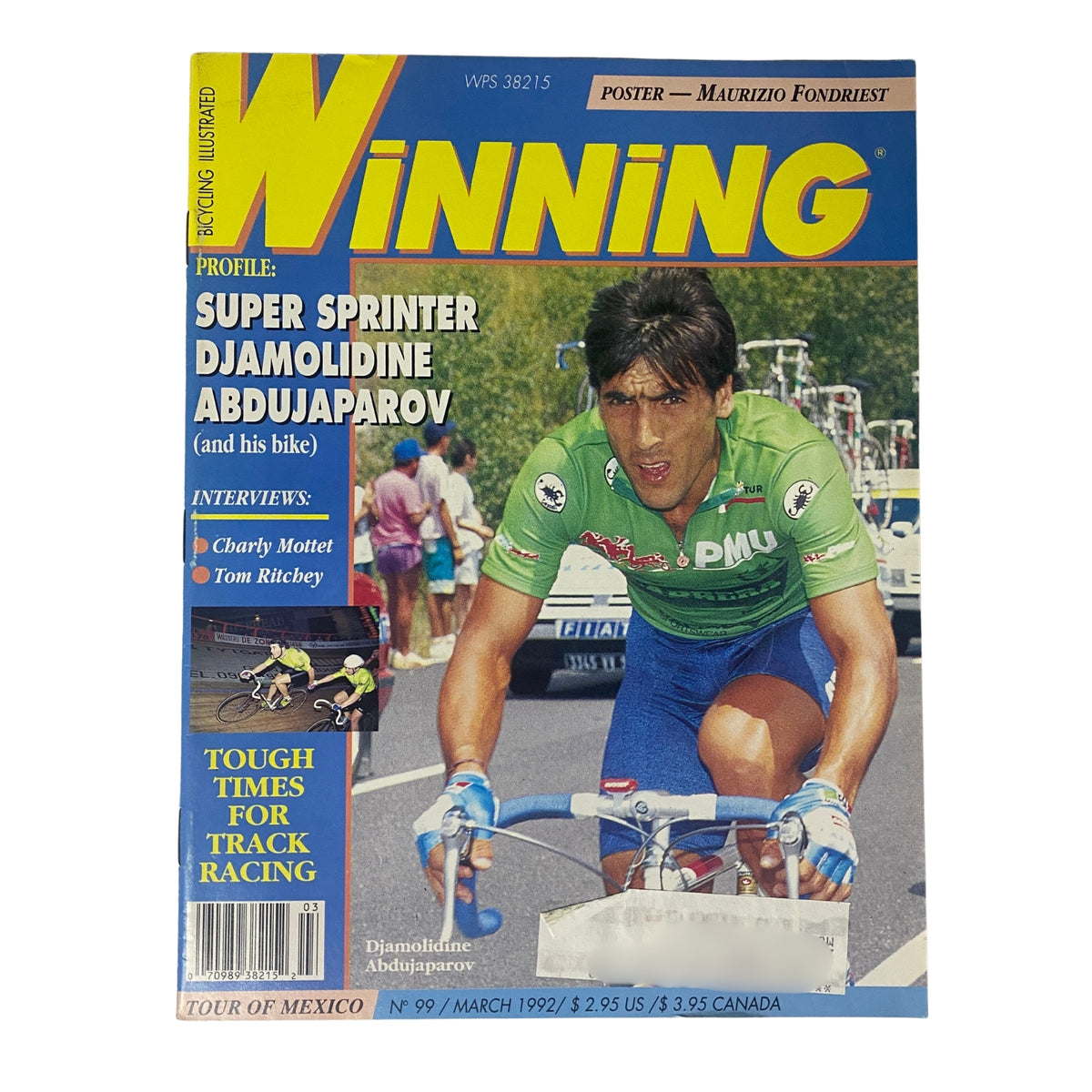 Winning Bicycle Racing Illustrated March 1992 magazine cover featuring Djamolidine Abdoujaparov, the super sprinter, in action. Includes promotional details about an interview with Charly Mottet and Tom Ritchey, and highlights a Maurizio Fondriest poster.