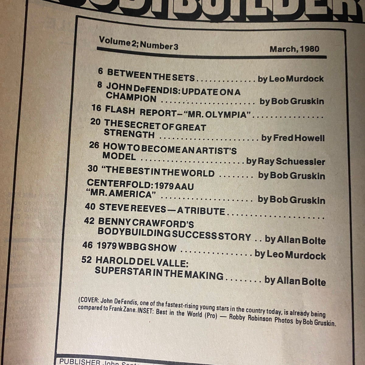 Table of Contents from Bodybuilder Magazine March 1980 Vol 2 No 3 highlighting articles such as 'John DeFendis: Update on a Champion' and features related to the 1979 AAU Mr. America competition.
