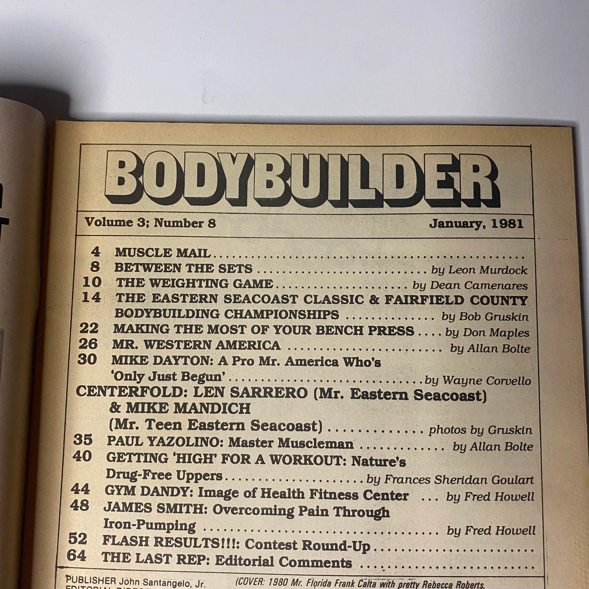 Table of contents page from 'Muscle & Bodybuilder Magazine January 1981', detailing articles and features such as Muscle Mail, Mr. Western America, and tips on bench pressing.