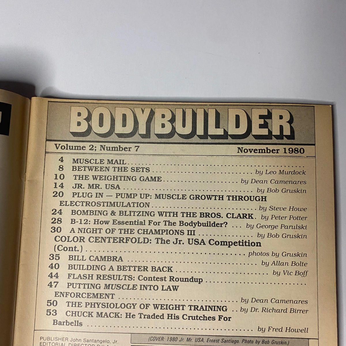 Interior page of Muscle & Bodybuilder Magazine November 1980 displaying the table of contents, highlighting articles focused on bodybuilding training and competition.