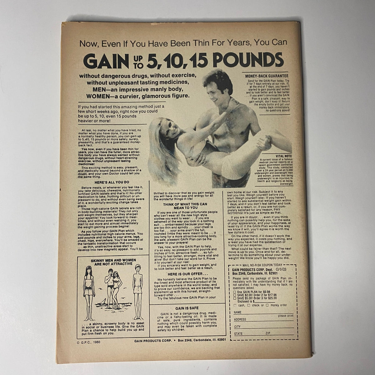 Promotional advertisement in Muscle & Bodybuilder Magazine May 1983 encouraging readers to gain 5, 10, or 15 pounds with a natural approach, targeting both men and women. The ad assures a money-back guarantee.