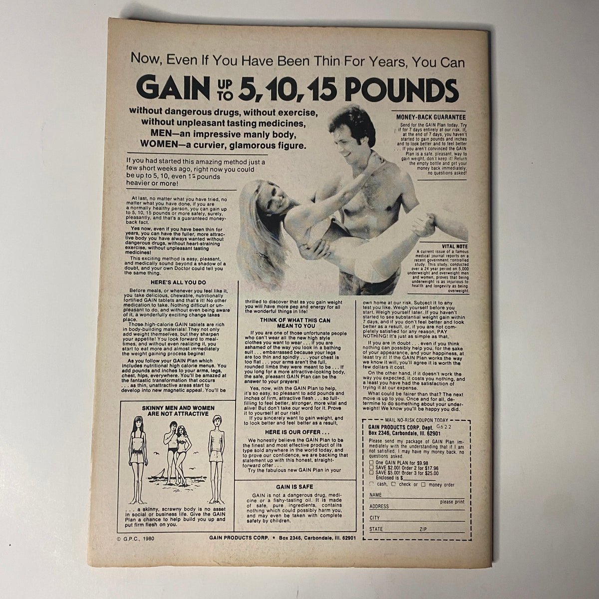 Promotional advertisement featuring a fitness tip with a before-and-after image, stating 'Now, Even If You Have Been Thin For Years, You Can GAIN Up to 5, 10, 15 POUNDS'. This advertisement highlights a program with a money-back guarantee to gain weight safely, related to the Muscle & Bodybuilder Magazine July 1983 Vol 5 No. 17 featuring Lance Dreher with centerfold.