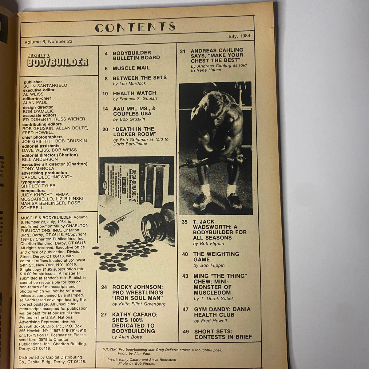 Table of contents from Muscle & Bodybuilder Magazine July 1984 highlighting articles and features from that issue.