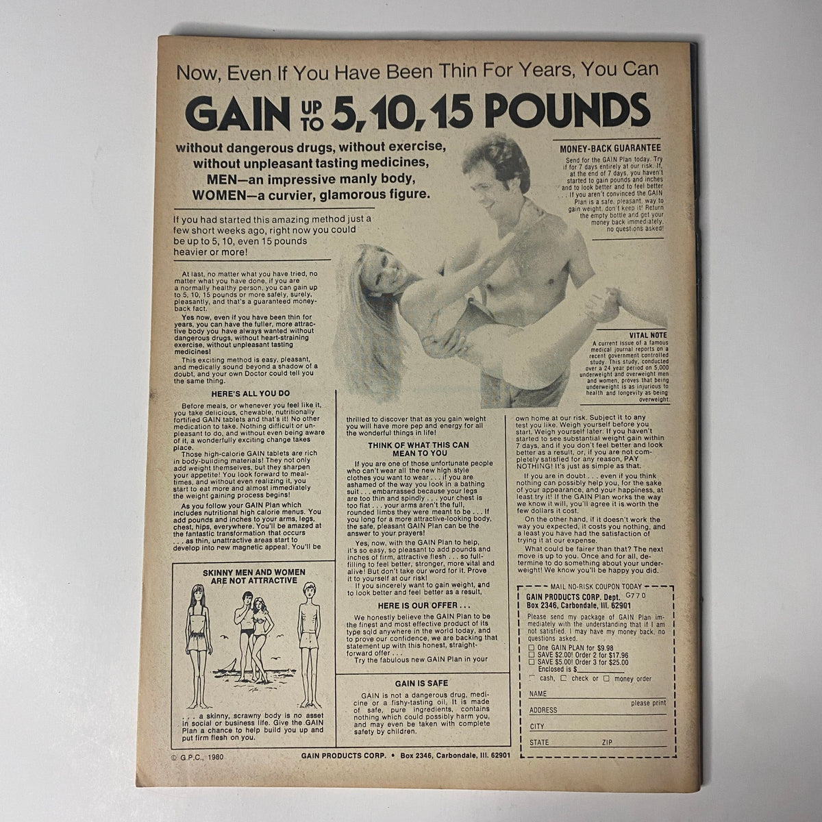 Back cover of Muscle & Bodybuilder Magazine March 1984, Volume 6, No. 21, featuring an advertisement for bodybuilding products promoting safe weight gain.