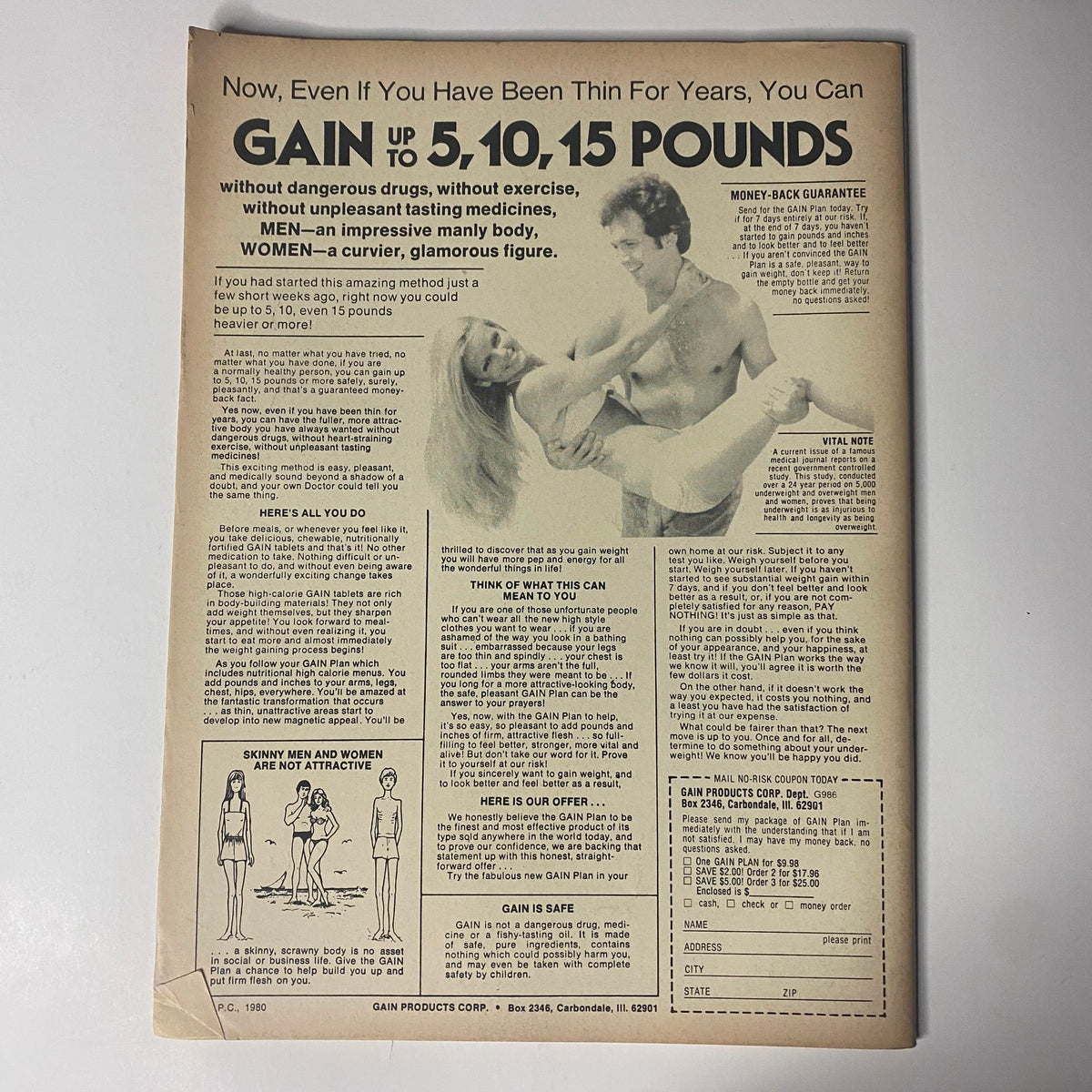 Advertisement page from Muscle & Bodybuilder Magazine Summer 1985 promoting a weight-gain program for men and women in a glamorous figure.
