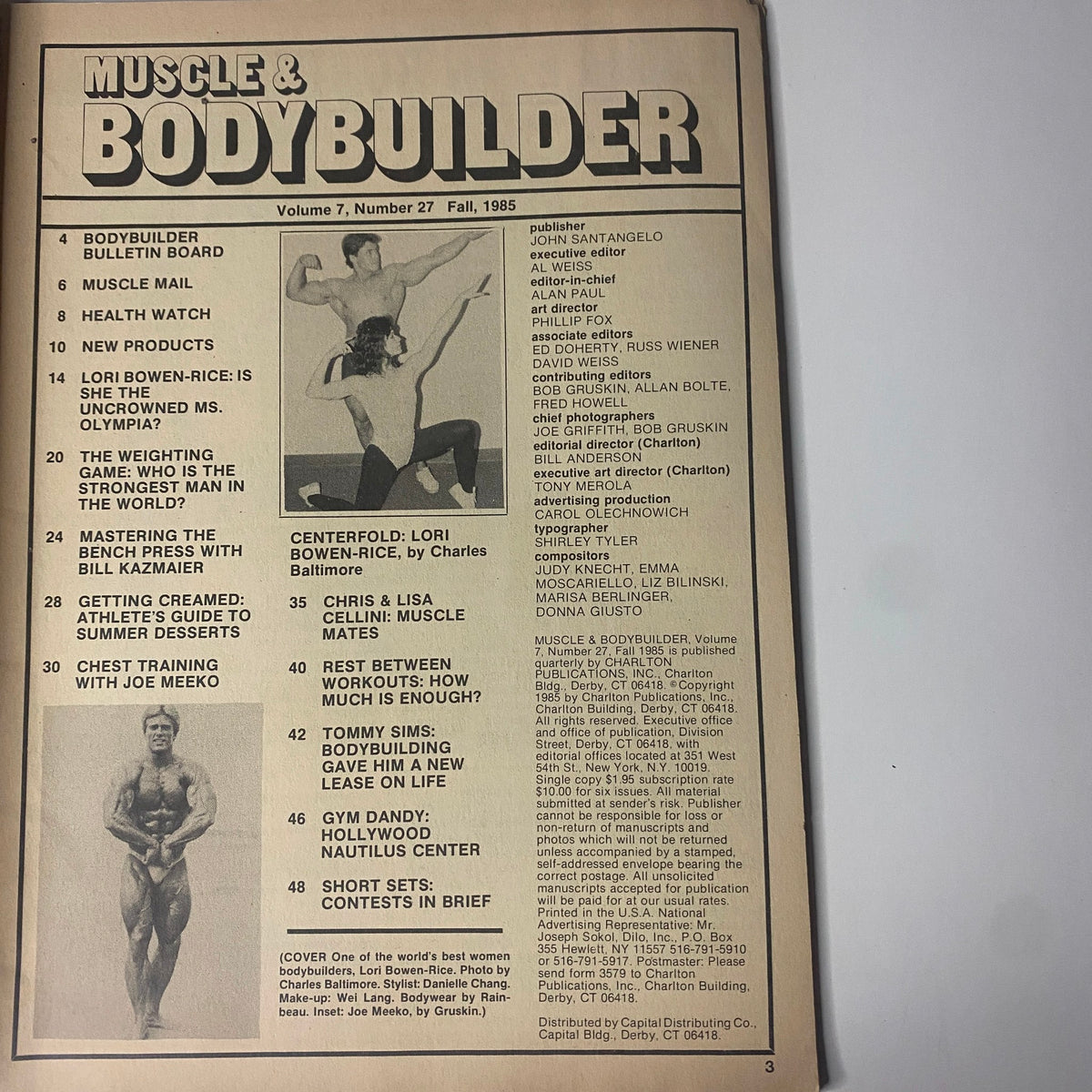 Interior page of Muscle & Bodybuilder Magazine Fall 1985, featuring the table of contents and articles on bodybuilding and fitness.