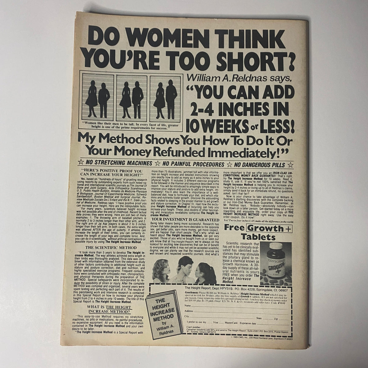 Article excerpt from Muscle & Bodybuilder Magazine Fall 1985 titled 'Do Women Think You're Too Short?', discussing a method for height enhancement with a guarantee.