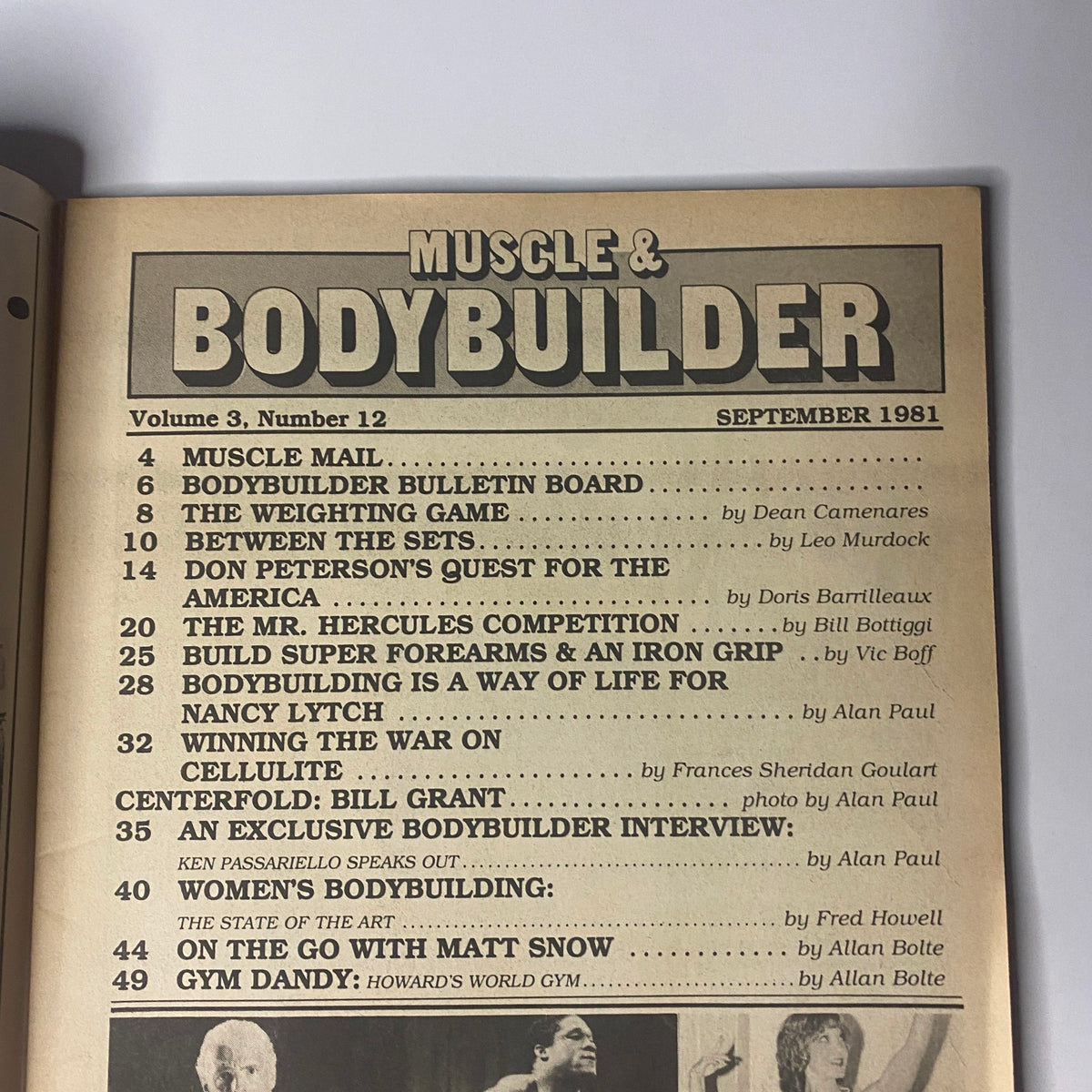 Inside page of Muscle & Bodybuilder Magazine September 1981 listing the table of contents, featuring sections on bodybuilding news, training tips, and exclusive athlete interviews.
