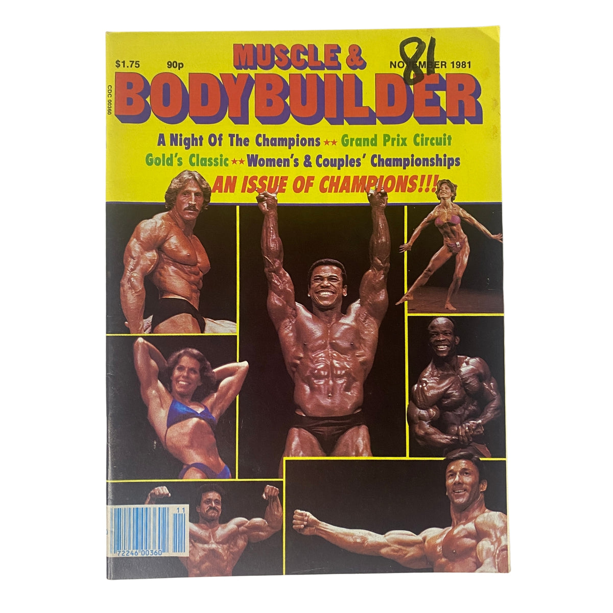 Cover of Muscle & Bodybuilder Magazine November 1981 Issue of Champions featuring bodybuilding champions and athletes, emphasizing the content on A Night of the Champions, Grand Prix Circuit, and Women's & Couples' Championships.