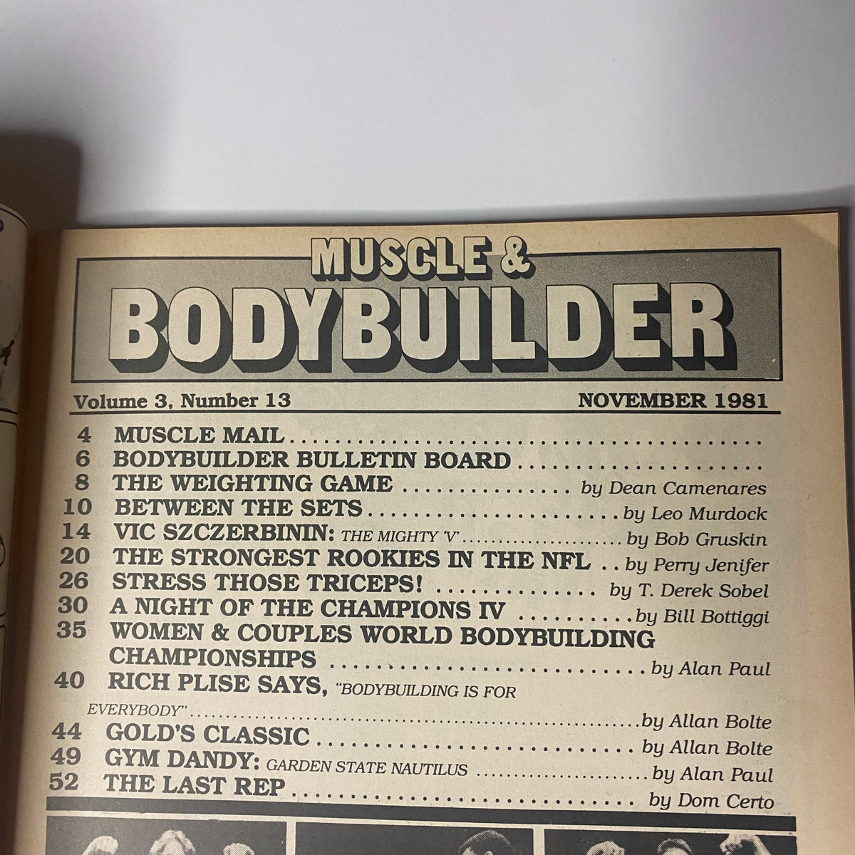 Table of contents from Muscle & Bodybuilder Magazine November 1981 issue, highlighting articles and features such as 'Muscle Mail' and 'The Weighting Game'.