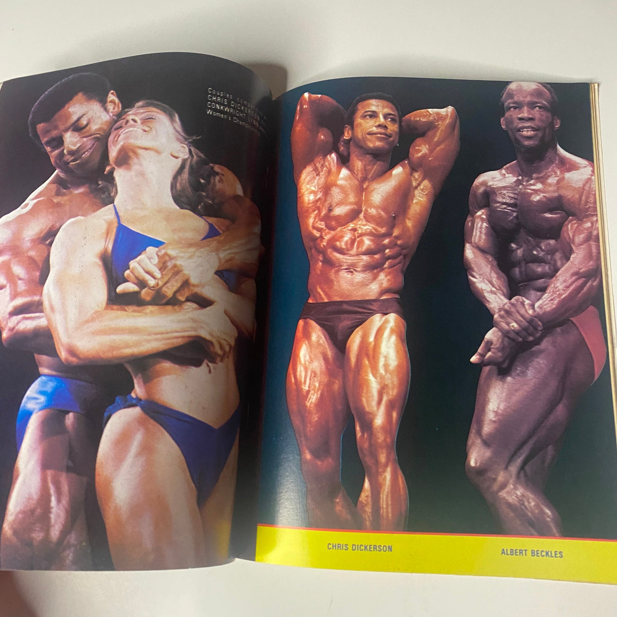 Feature image of bodybuilders Chris Dickerson and Albert Beckles from the centerfold of Muscle & Bodybuilder Magazine November 1981 issue, showcasing their physiques and competition poses.