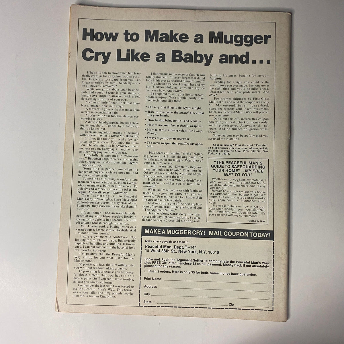 How to Make a Mugger Cry Like a Baby and other tips from Muscle & Bodybuilder Magazine May 1981 featuring Andreas Cahling. Ad with coupon offer.