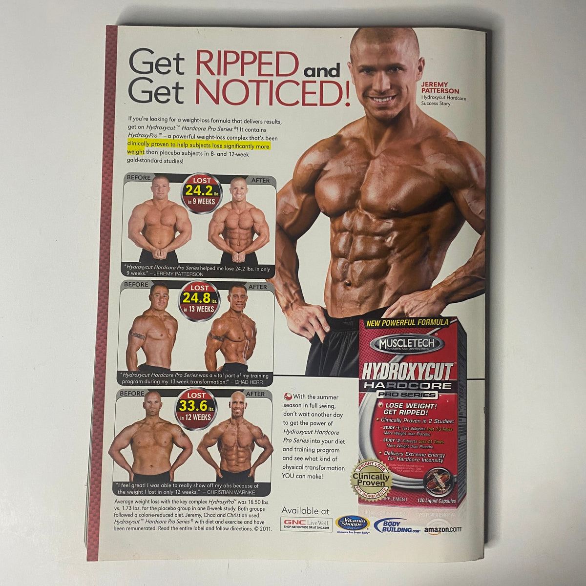 Advertisement in MuscleMag Magazine July 2011 promoting a fitness transformation program by Jeremy Patterson, highlighting weight loss results and showcasing before-and-after images.