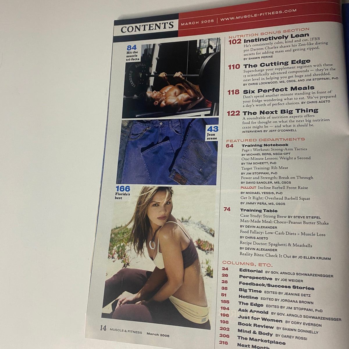 Table of contents from Muscle & Fitness Magazine March 2005 Vol 66 No. 3, showcasing nutrition and fitness articles, including features like 'Inherently Lean' and 'The Next Big Thing'.