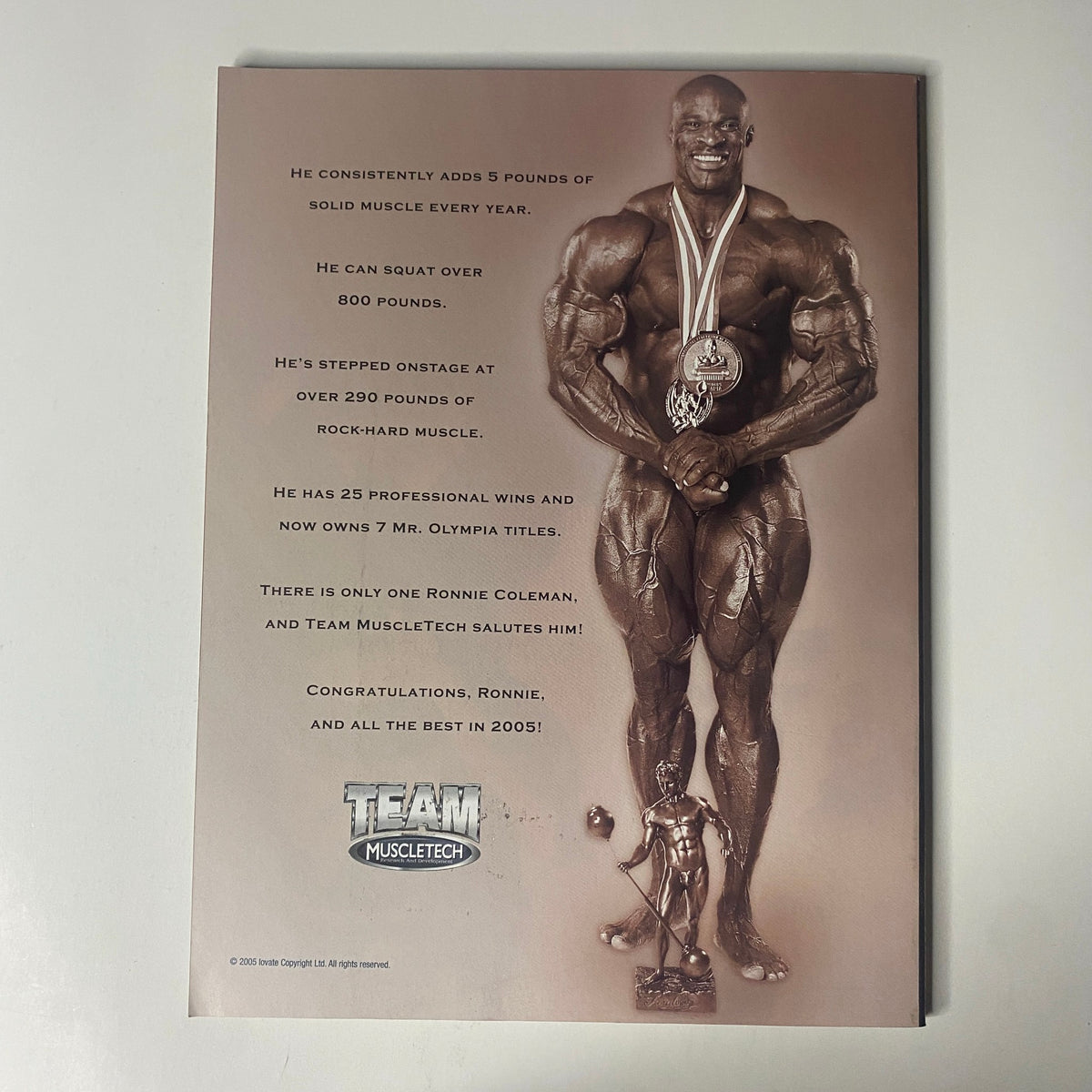 Tribute page in Muscle & Fitness Magazine March 2005 Vol 66 No. 3, highlighting bodybuilding champion Ronnie Coleman, with details of his achievements and accolades.