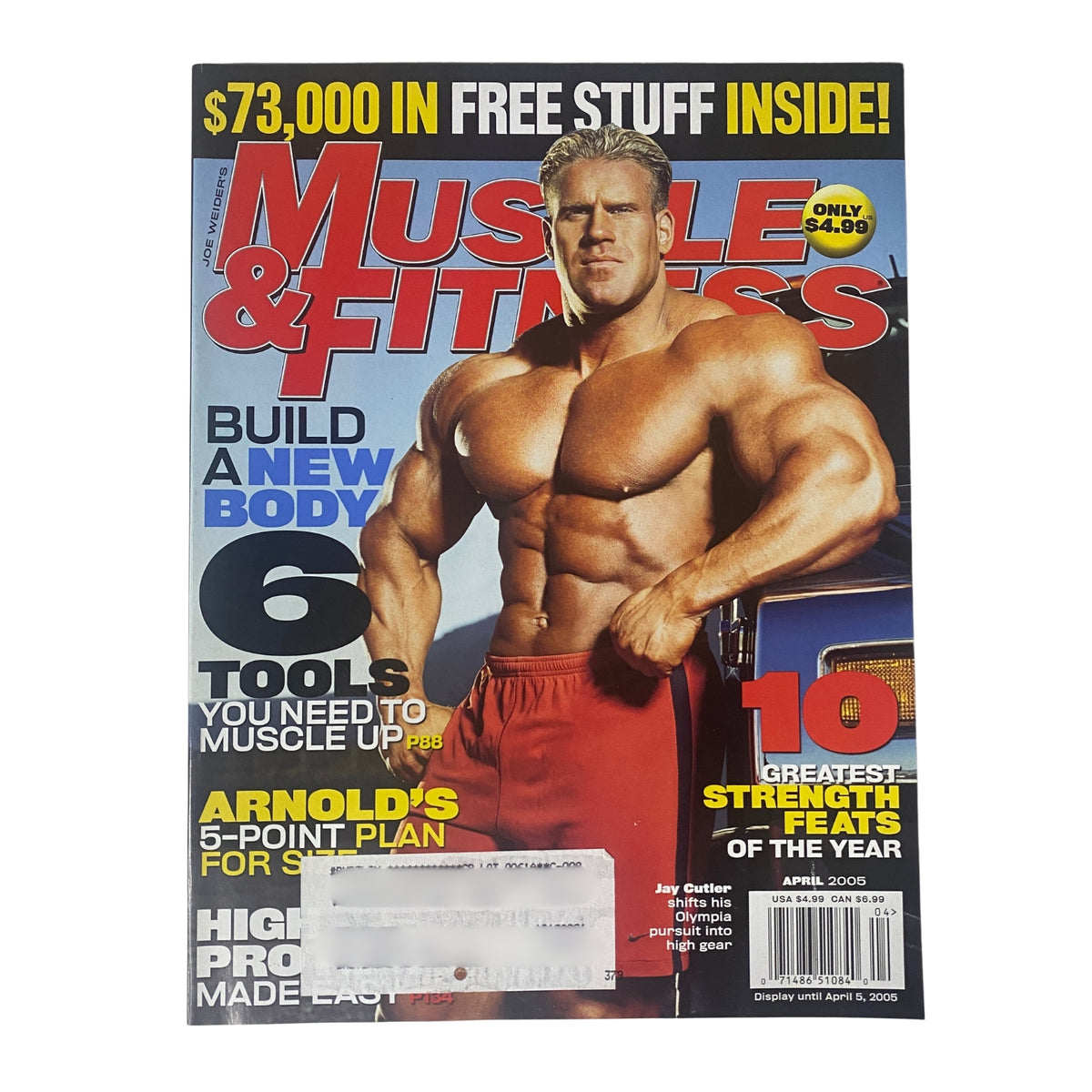 Muscle & Fitness Magazine April 2005 Vol 66 No. 4 featuring Jay Cutler on the cover, showcasing bodybuilding tips and nutrition advice.