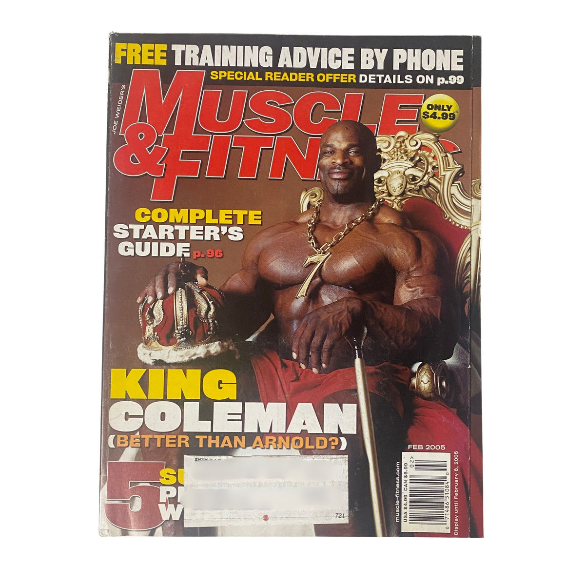 Muscle & Fitness Magazine cover February 2005 featuring Ronnie Coleman, displaying the headline 'King Coleman' and showcasing the special guides inside.