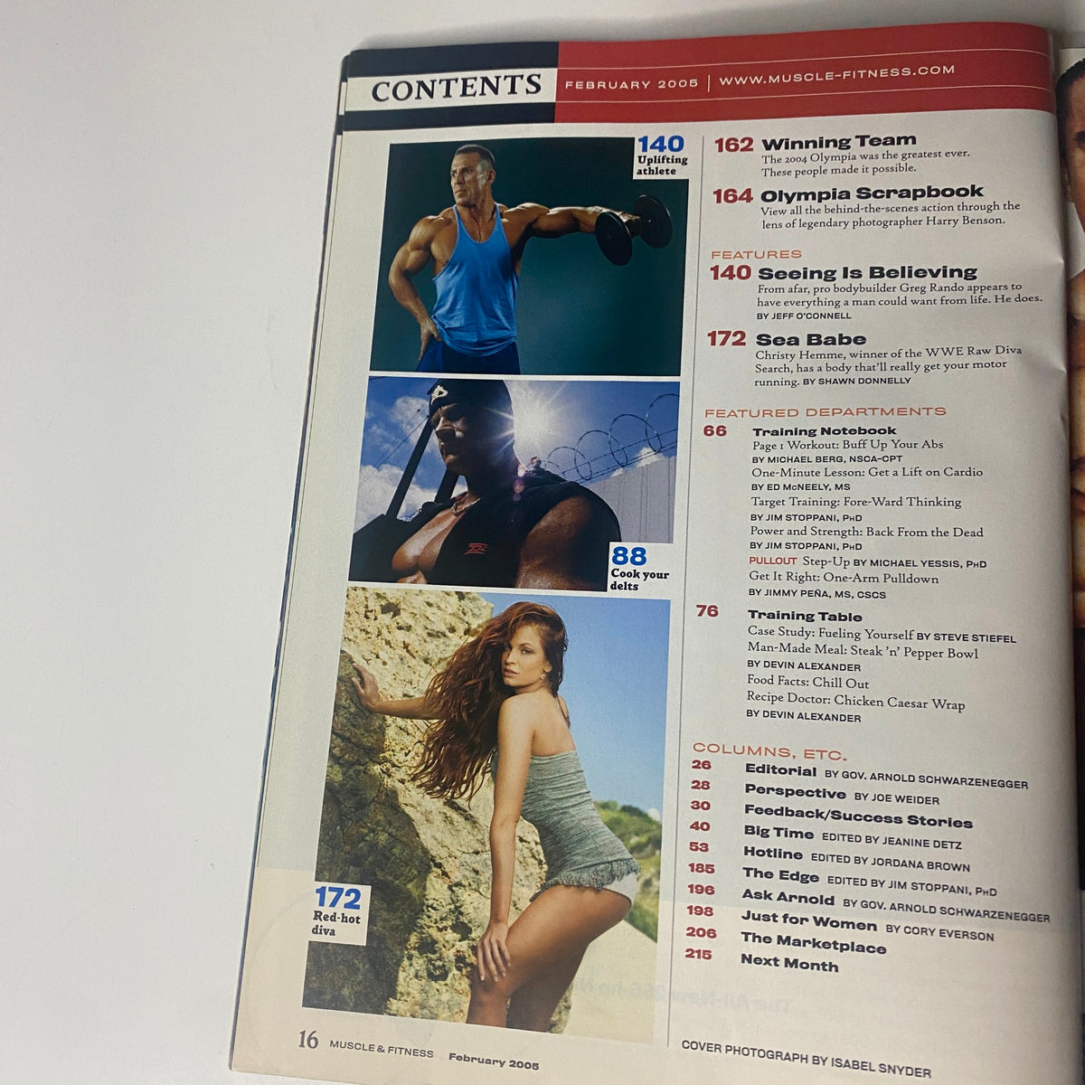 Another table of contents page from Muscle & Fitness Magazine February 2005, featuring various fitness articles including 'Winning Team' and 'See is Believing'.