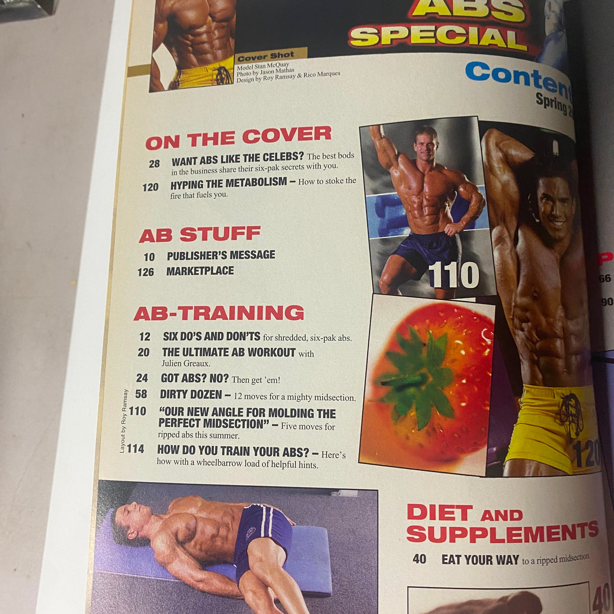 Interior page of MuscleMag Magazine Presents Spring 2004 Stan McQuay Abdominals Special, showcasing the table of contents, including articles on celebrity ab secrets and training techniques.