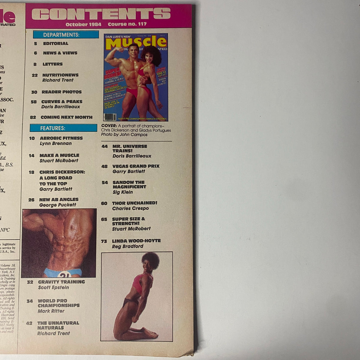 Table of contents for Muscle Training Illustrated, October 1984, detailing features and departments, including articles on aerobic fitness and bodybuilding.
