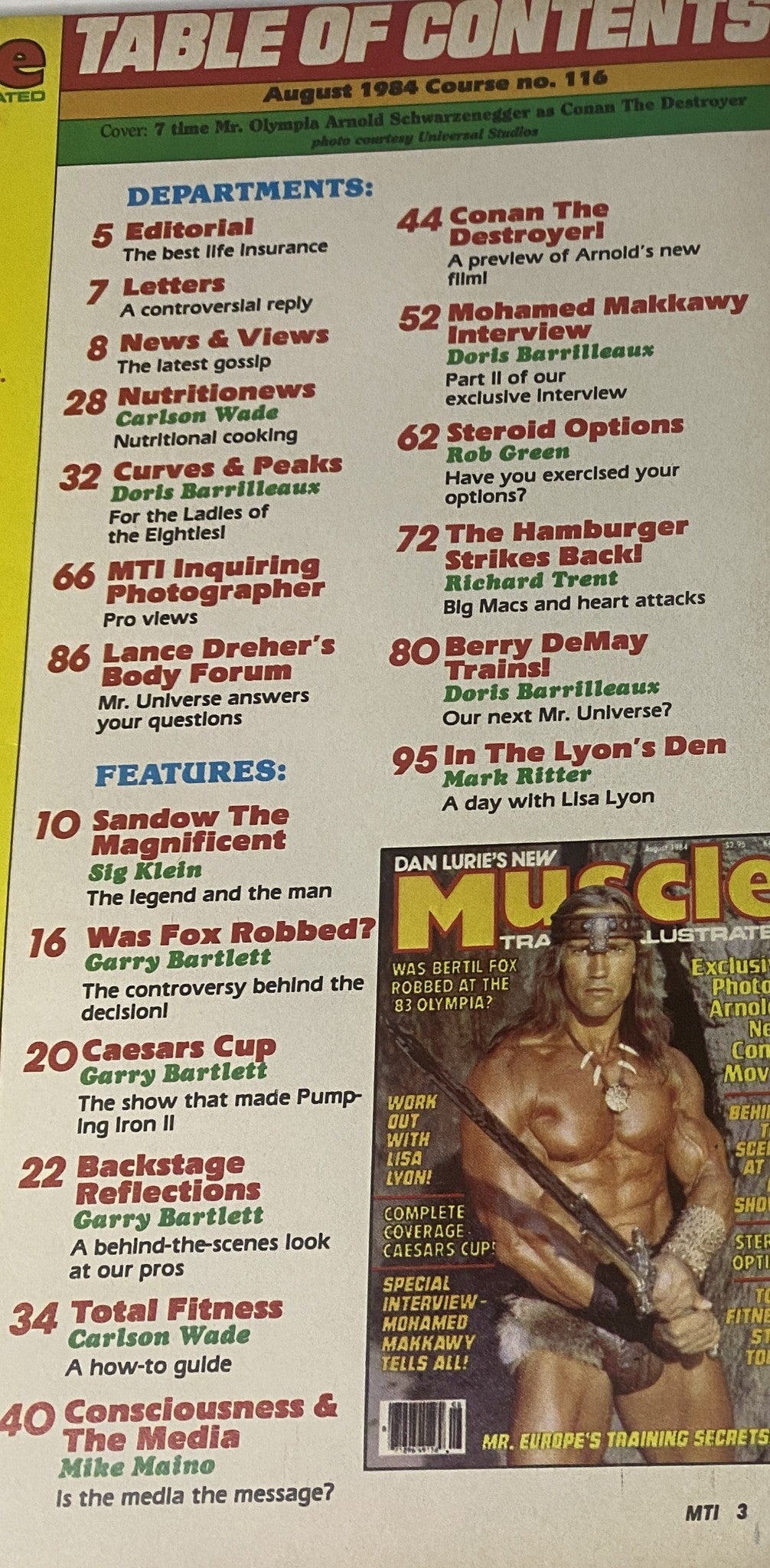 Table of Contents from Muscle Training Illustrated August 1984 No. 116 featuring Arnold Schwarzenegger as Conan the Destroyer, highlighting various departments and features related to bodybuilding and fitness.