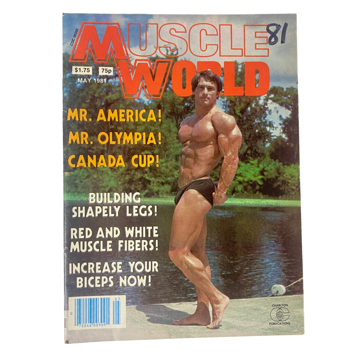 Cover of Muscle World Magazine May 1981 Vol 2 No. 5 featuring bodybuilder Richard Baldwin in a classic pose near water, promoting bodybuilding competitions like Mr. America and Mr. Olympia.