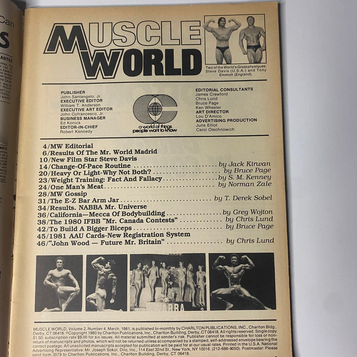 Interior page of Muscle World Magazine March 1981 displaying the editorial contents and features, including articles on Mr. Canada, bodybuilding training, and event results.