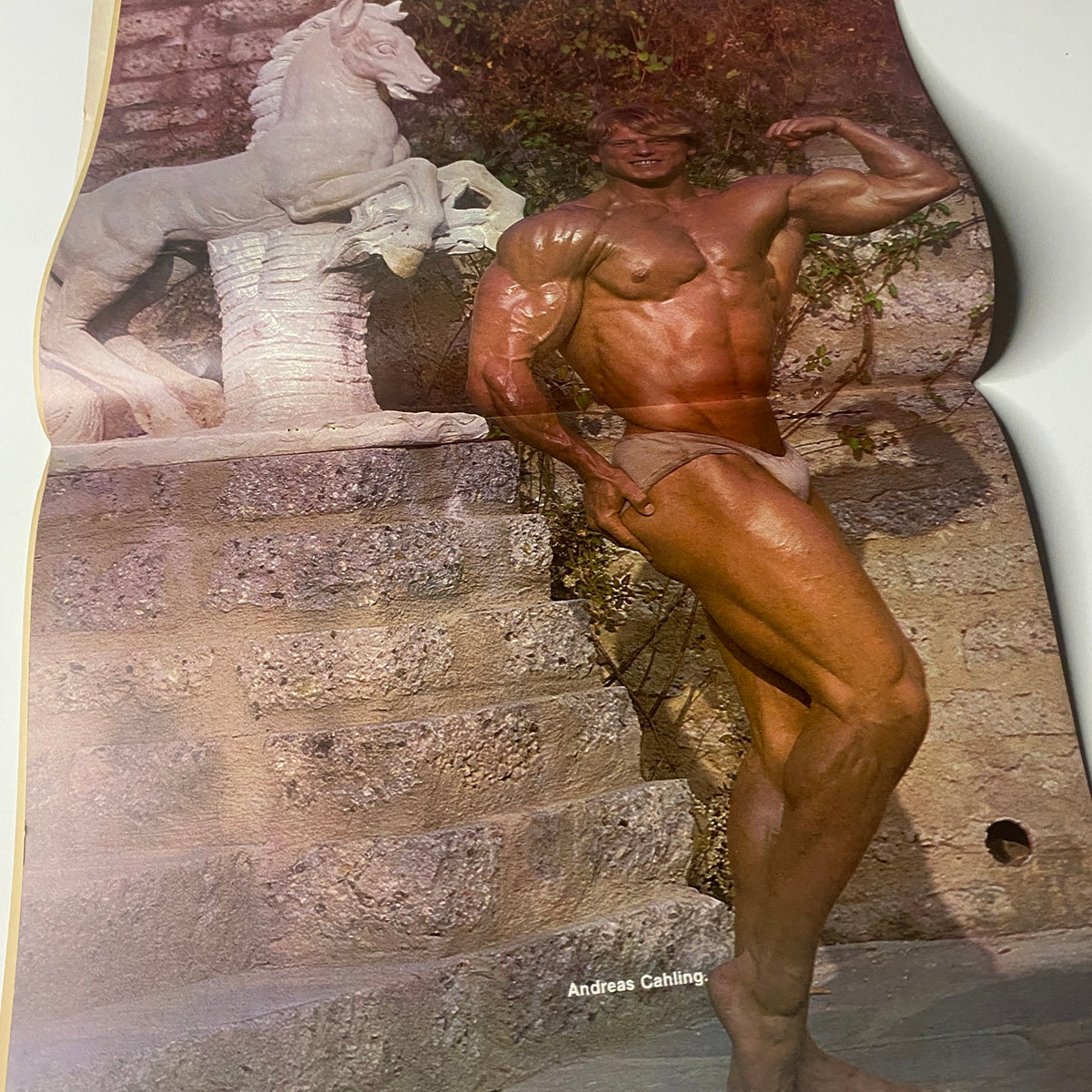 Centerfold from Muscle World Magazine March 1981 showcasing bodybuilder Andreas Cahling posing beside a white marble horse statue.