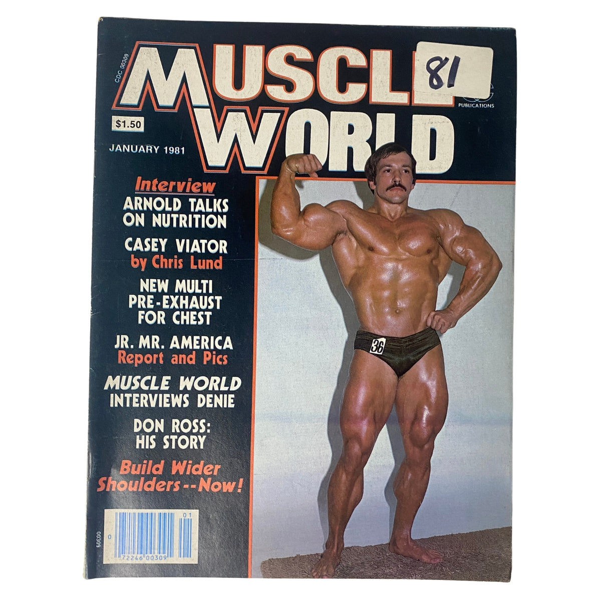 Muscle World Magazine January 1981, Vol 2 No. 3 featuring Casey Viator on the cover showcasing his impressive physique.