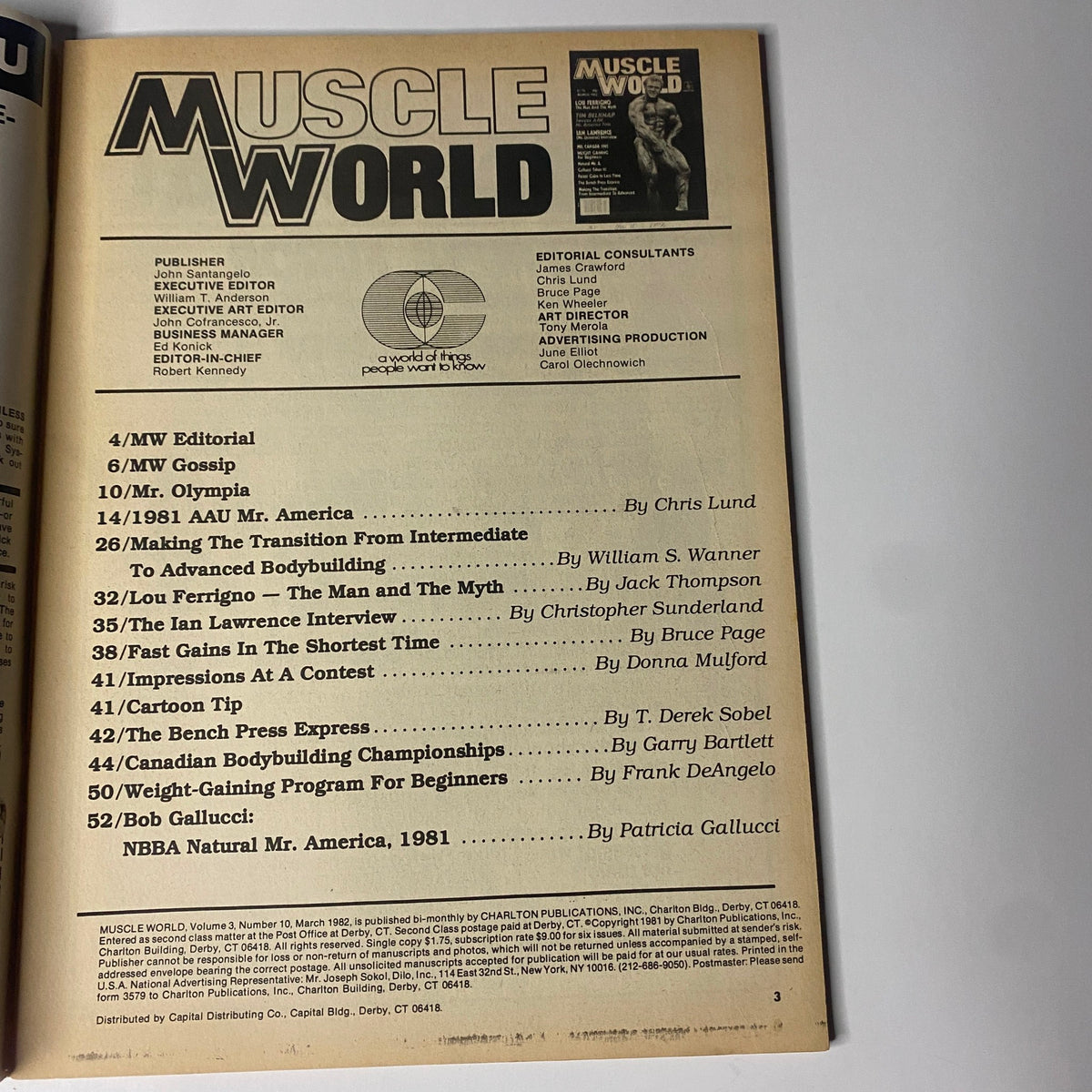 Table of contents of Muscle World Magazine March 1982, Vol. 3 No. 10, outlining articles and features.