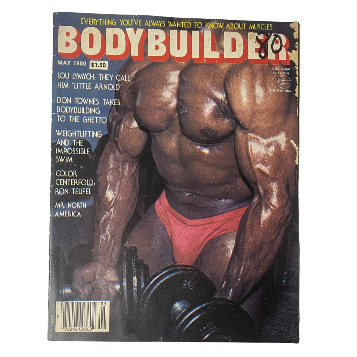 Bodybuilder Magazine May 1980 featuring Don Townes on the cover, showcasing a muscular bodybuilder lifting weights, ideal for vintage fitness enthusiasts.