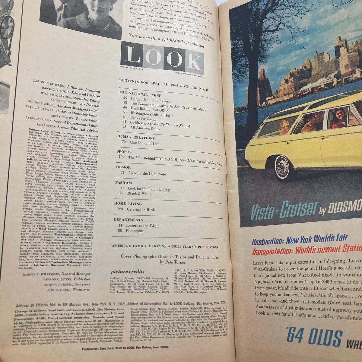 Inside page of RVTG Look Magazine April 21 1964 Vol 28 No. 8 displaying the table of contents and features, including Elizabeth Taylor and Liza Minnelli profile.