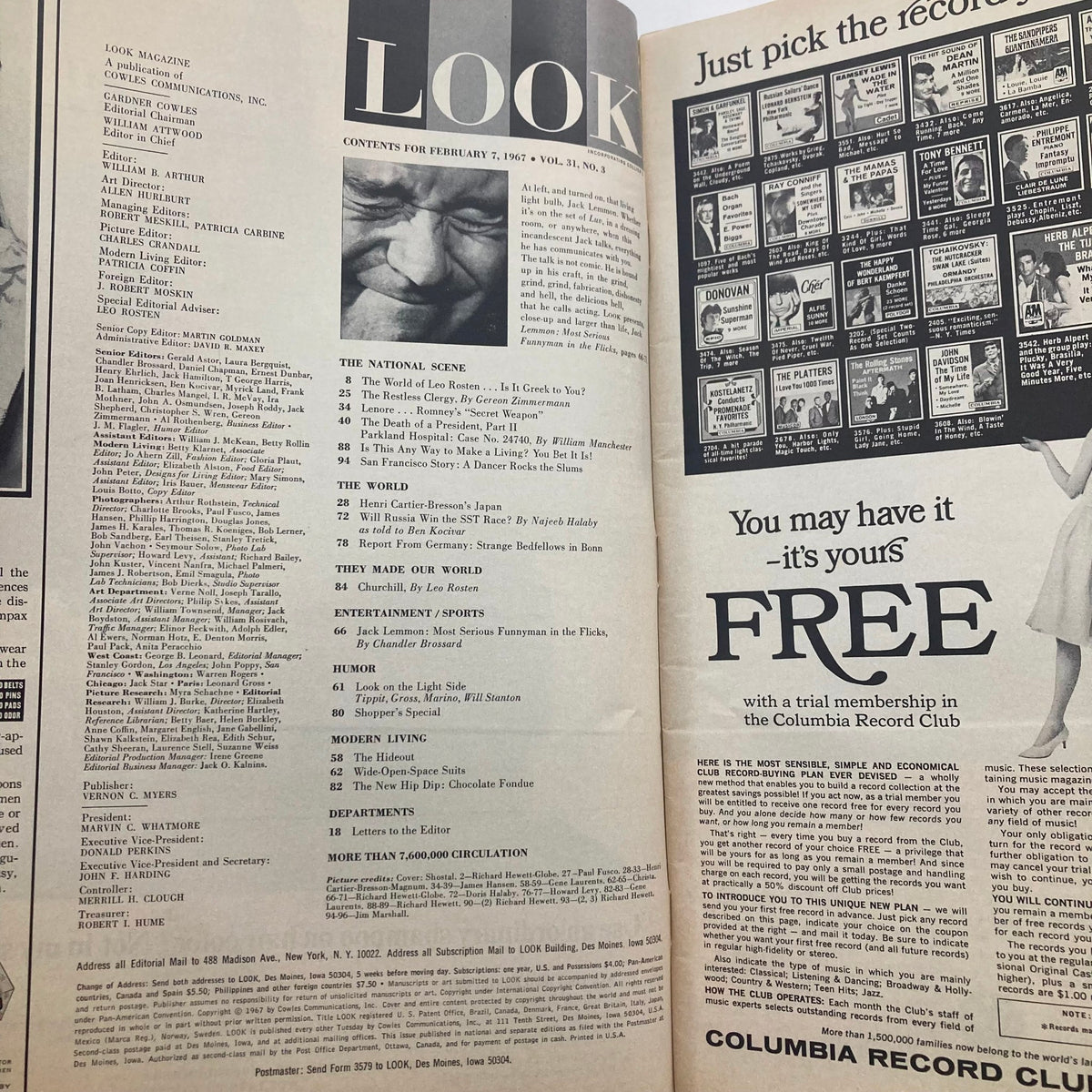 Interior page of VTG Look Magazine February 7, 1967, Vol 31 No. 3 displaying the table of contents with various article titles and features.